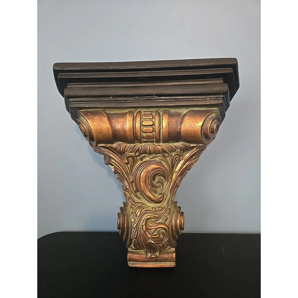 Vintage Wall Shelf Sconce Scrolls Leaves Copper Tone Green Antique Look  11